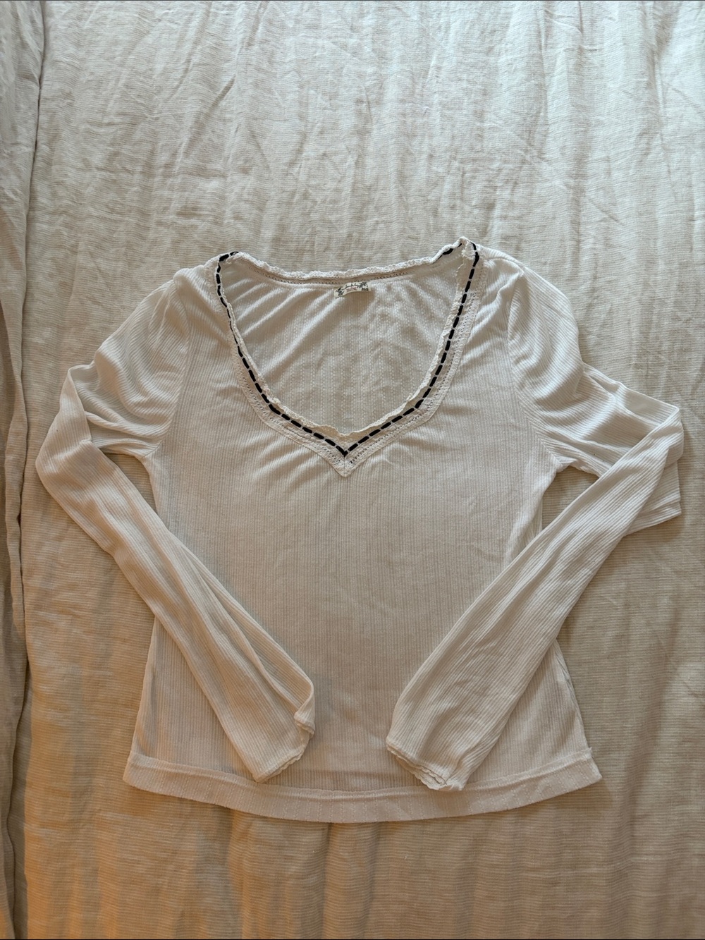 Free People Ivory Ribbed Long-Sleeve V-Neck Top with Trim